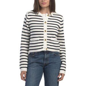ENGLISH FACTORY Off White/Navy Striped Cardigan With Buttons